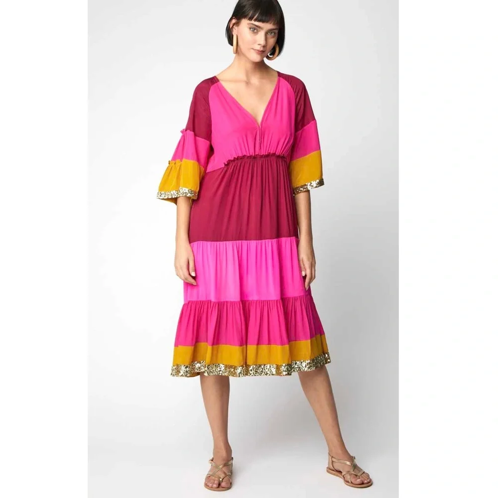 NWT Figue  Silk Crepe Colorblock Gold Sequin  Trim Midi Dress Bohemian Gypsy - Picture 7 of 16